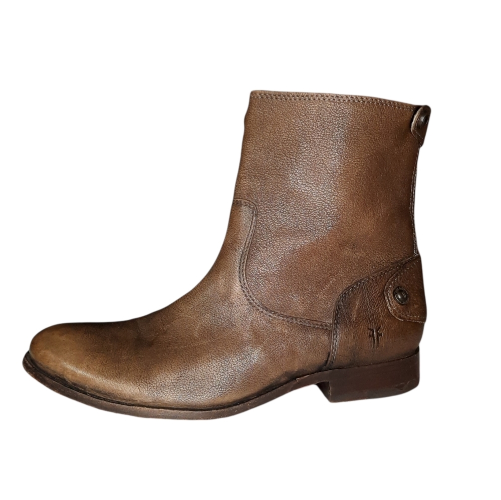Frye Melissa Boot size 8.5 Snap Flap Bank Zip Distressed Brown Leather